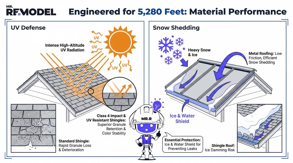 A technical infographic illustrating how different roofing materials perform under Denver